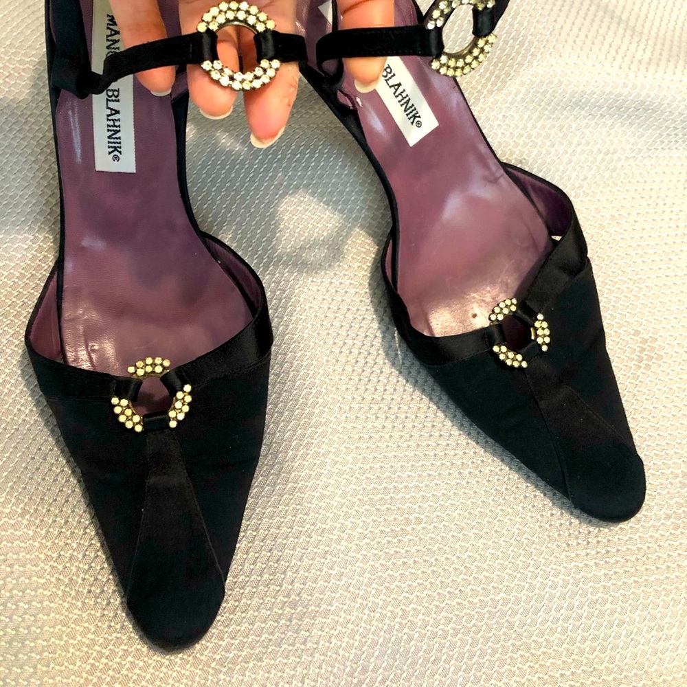 Manolo Blahnik Rare Black Two Tone Satin Slingback Sandals With Crystals.